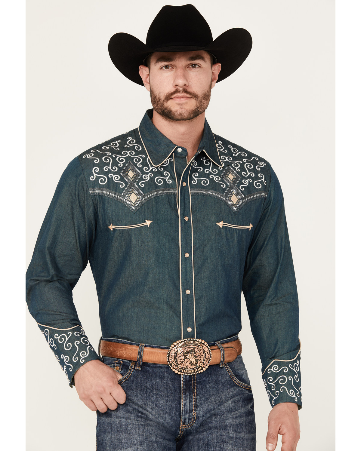 Scully Men's Denim Scroll Embroidered Long Sleeve Pearl Snap Western Shirt