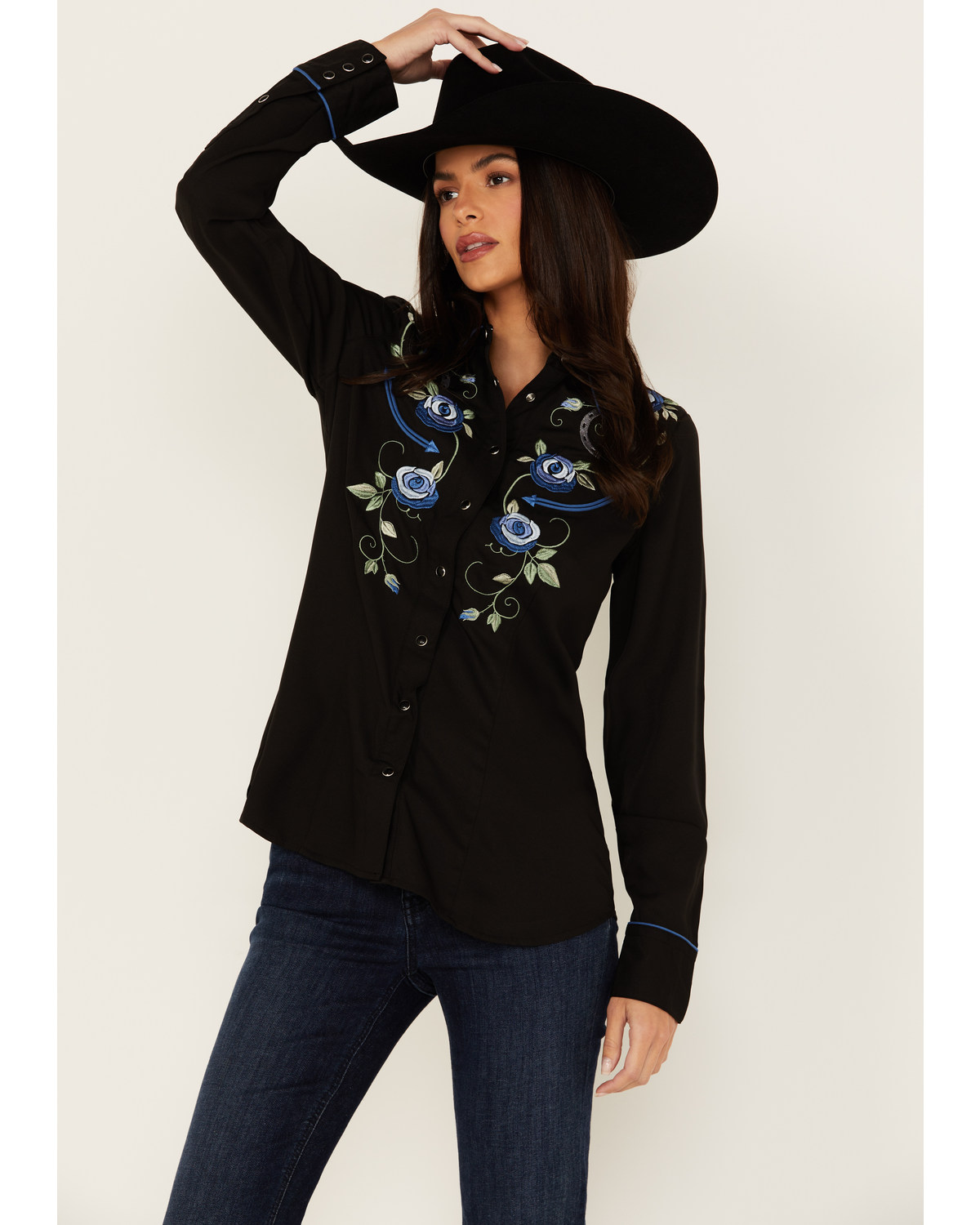 Roper Women's Floral Embroidered Long Sleeve Snap Western Shirt
