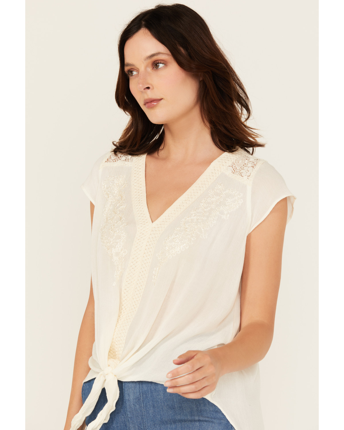 Nostalgia Women's Embroidered Lace Trim Tie-Front Top