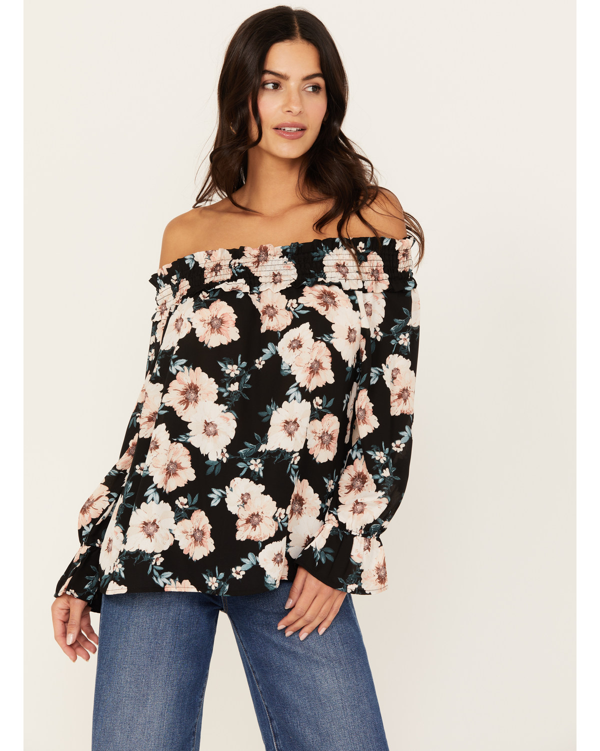 Wild Moss Women's Long Sleeve Off The Shoulder Floral Top