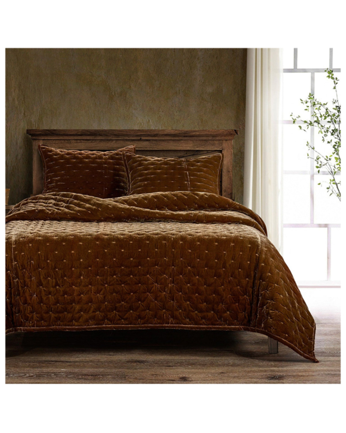 HiEnd Accents Copper Brown Stella Faux Silk Velvet 3-Piece King Quilt Set