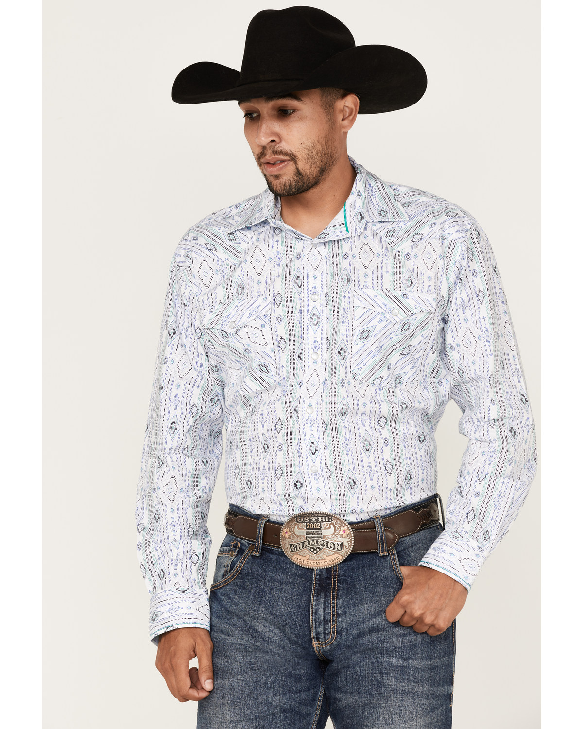 Rough Stock By Panhandle Men's Southwestern Dot Print Long Sleeve Pearl Snap Western Shirt