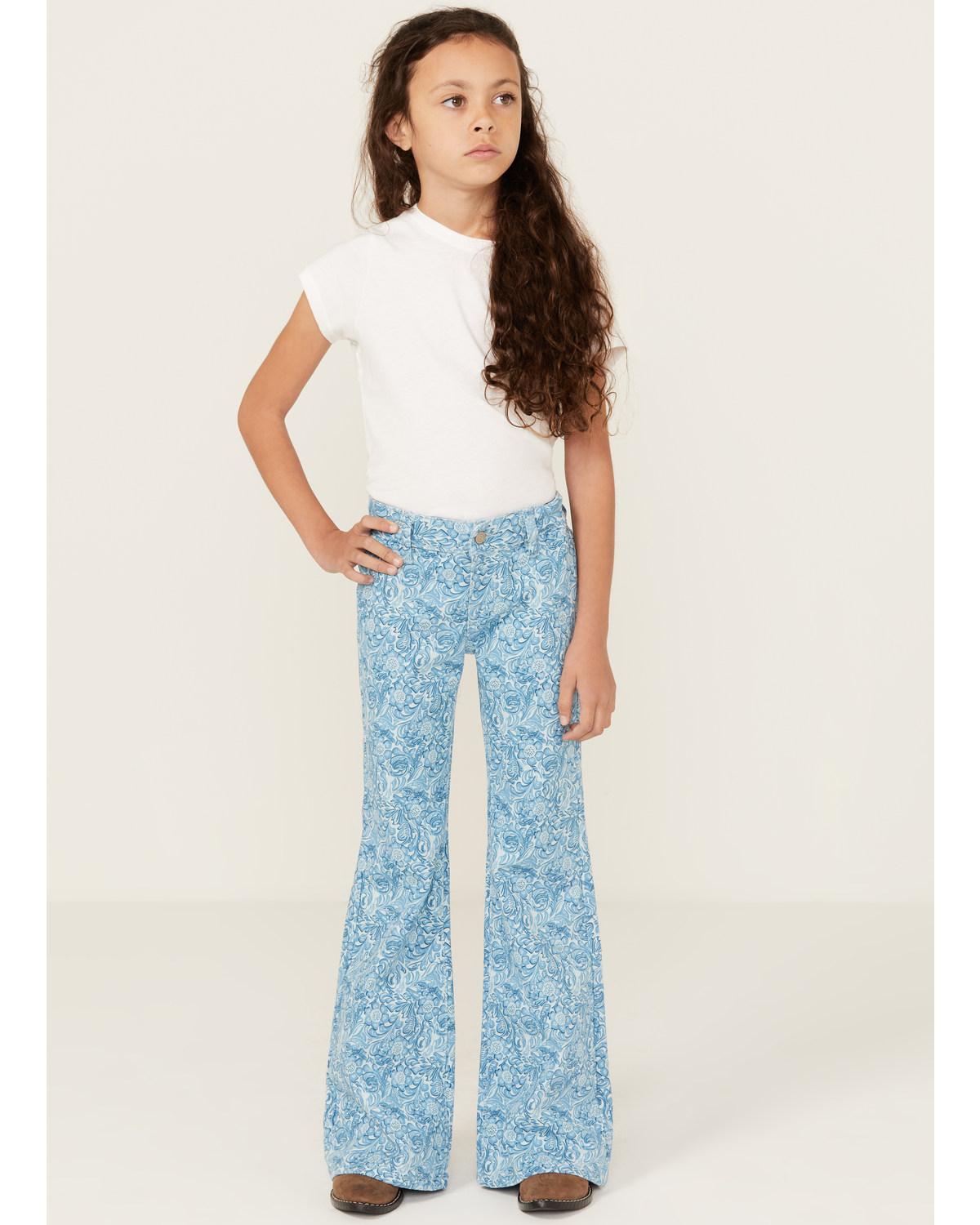 Panhandle Girls' Tooled Button Flare Stretch Denim Jeans