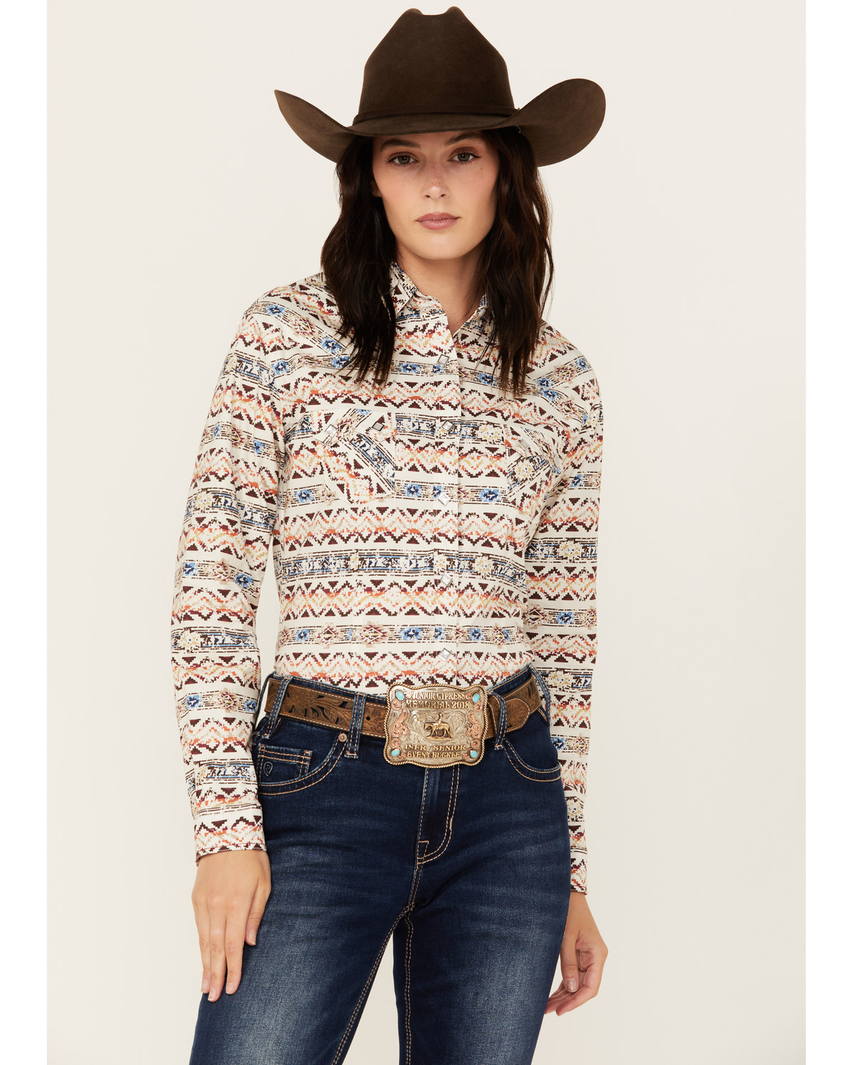 Panhandle Women's Southwestern Print Long Sleeve Snap Western Shirt
