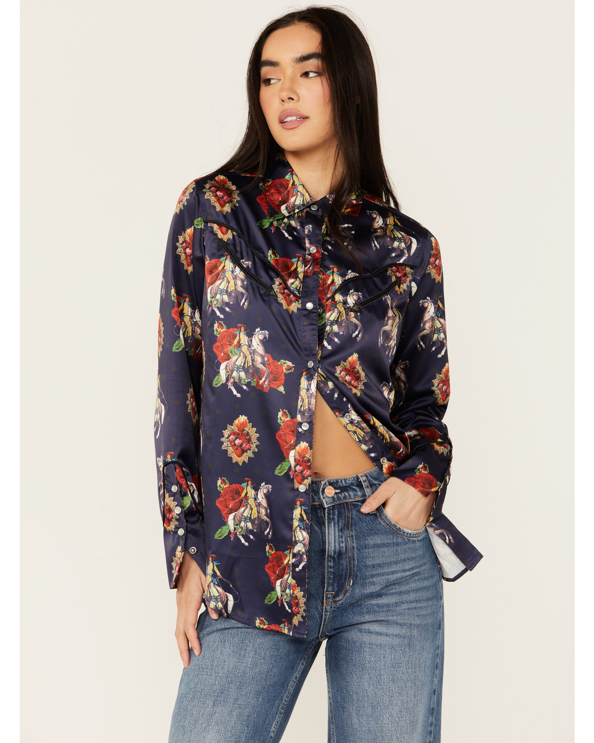 Rodeo Quincy Women's Floral Horse Print Long Sleeve Pearl Snap Western Shirt