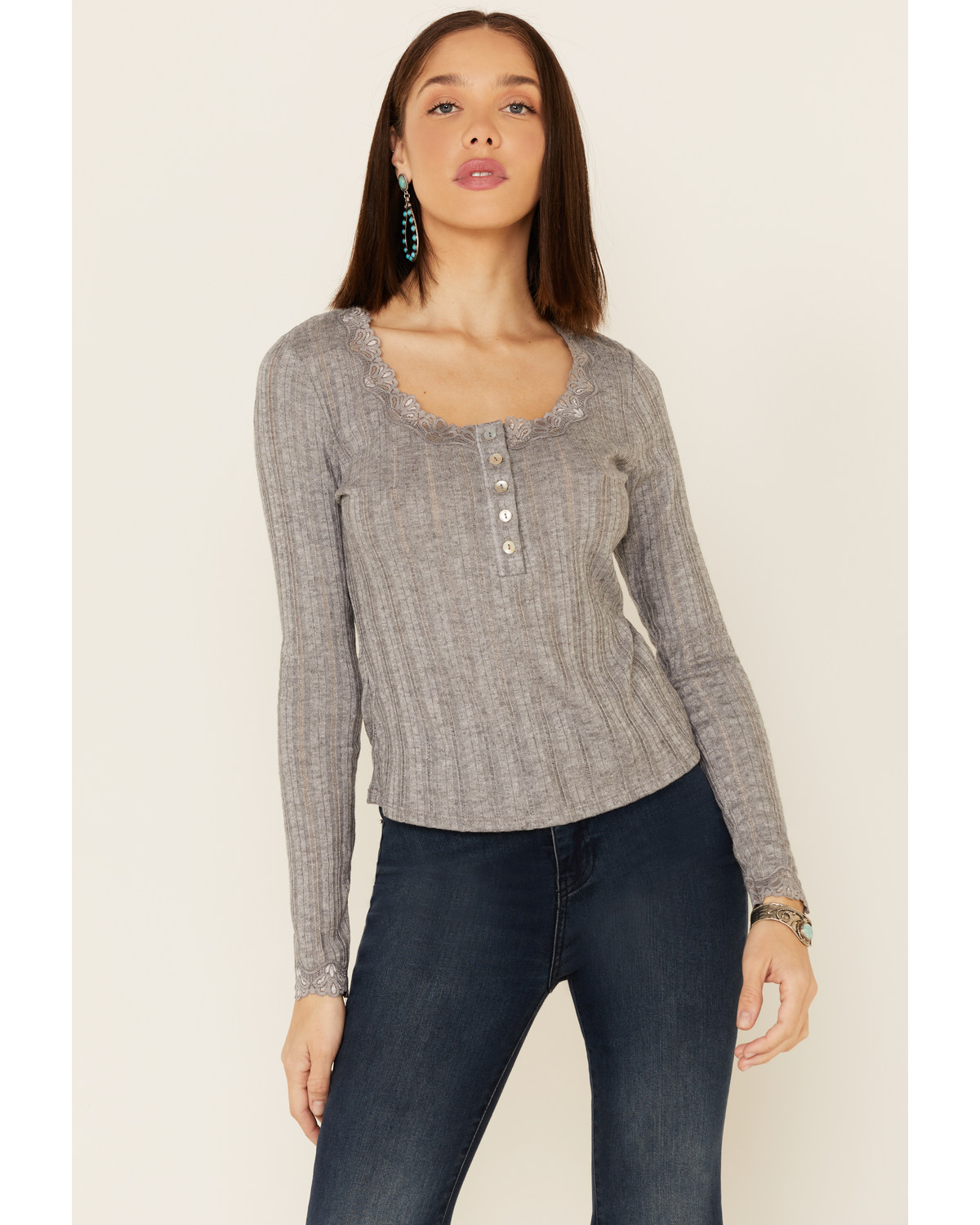Wild Moss Women's Ribbed Knit Henley Lace Long Sleeve Top