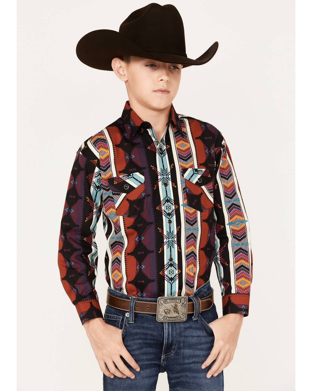 Panhandle Boys' Southwestern Striped Print Long Sleeve Snap Western Shirt