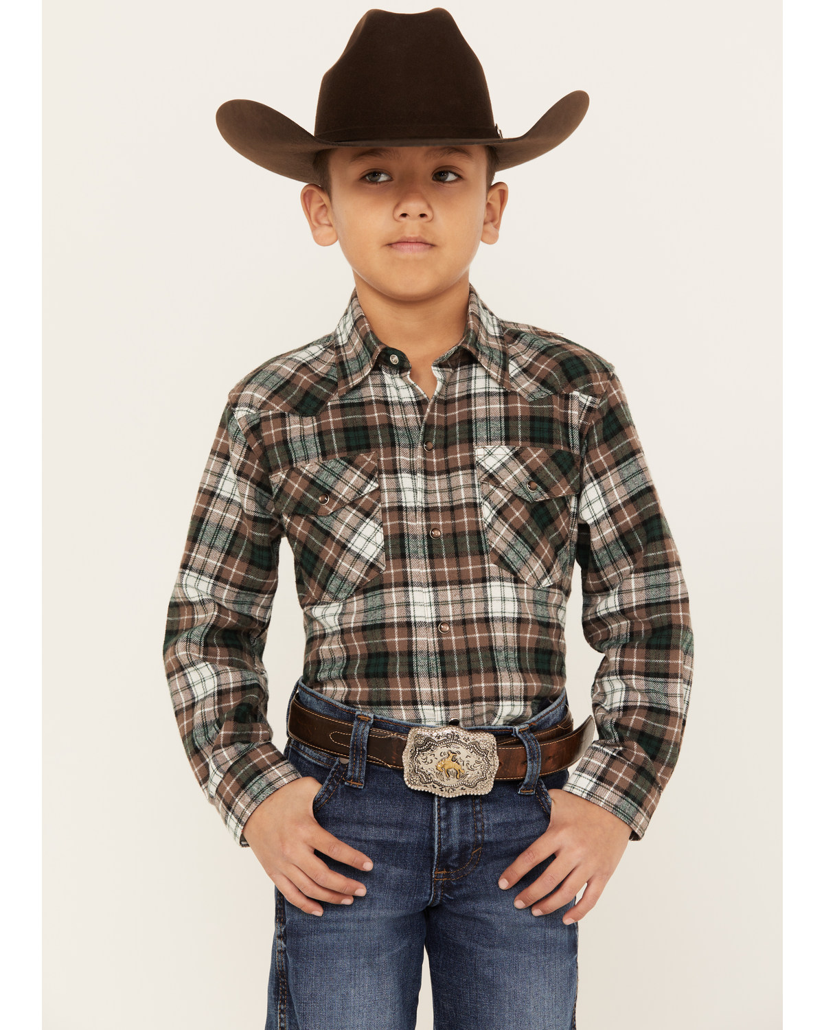 Roper Boys' Plaid Print Long Sleeve Snap Western Flannel Shirt