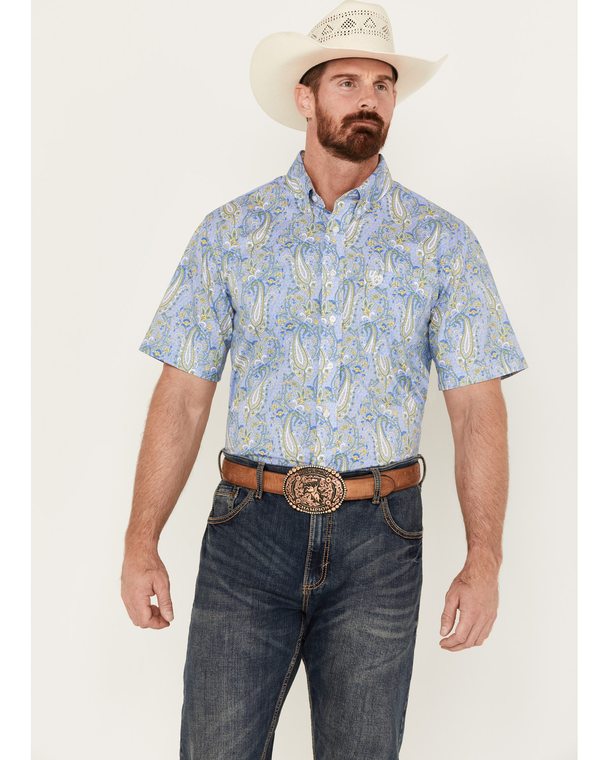 Panhandle Select Men's Paisley Print Short Sleeve Button-Down Western Shirt