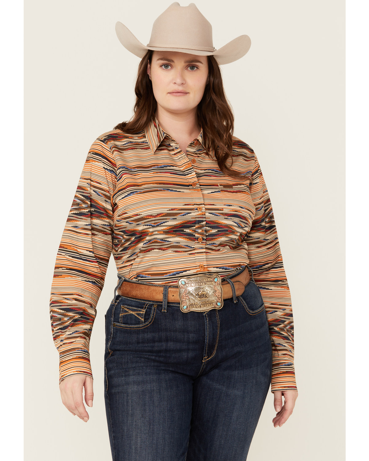 Ariat Women's Chimayo Southwestern Print Kirby Long Sleeve Stretch Button-Down Western Shirt - Plus