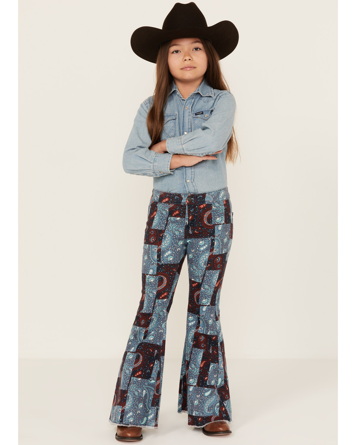 Rock & Roll Denim Girls' Patchwork Print Flare Jeans