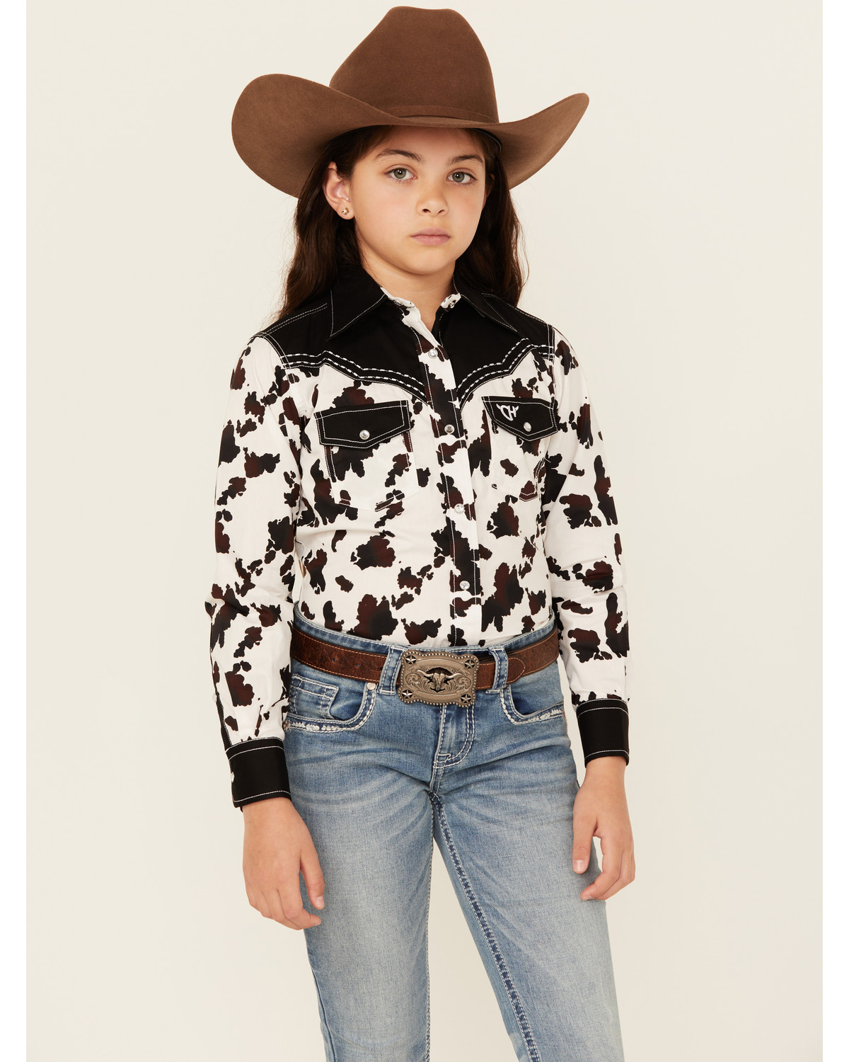 Cowgirl Hardware Girls' Moody Cow Print Long Sleeve Snap Western Shirt