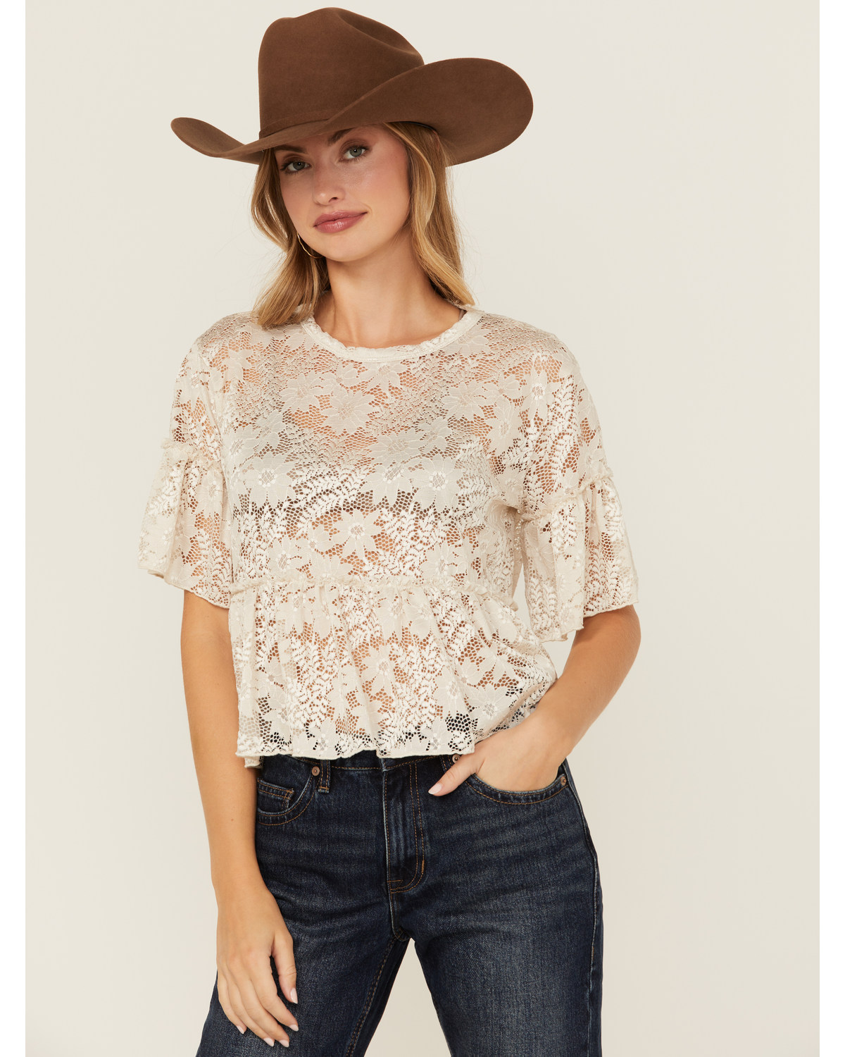 Originality Women's Lace Ruffle Short Sleeve Top