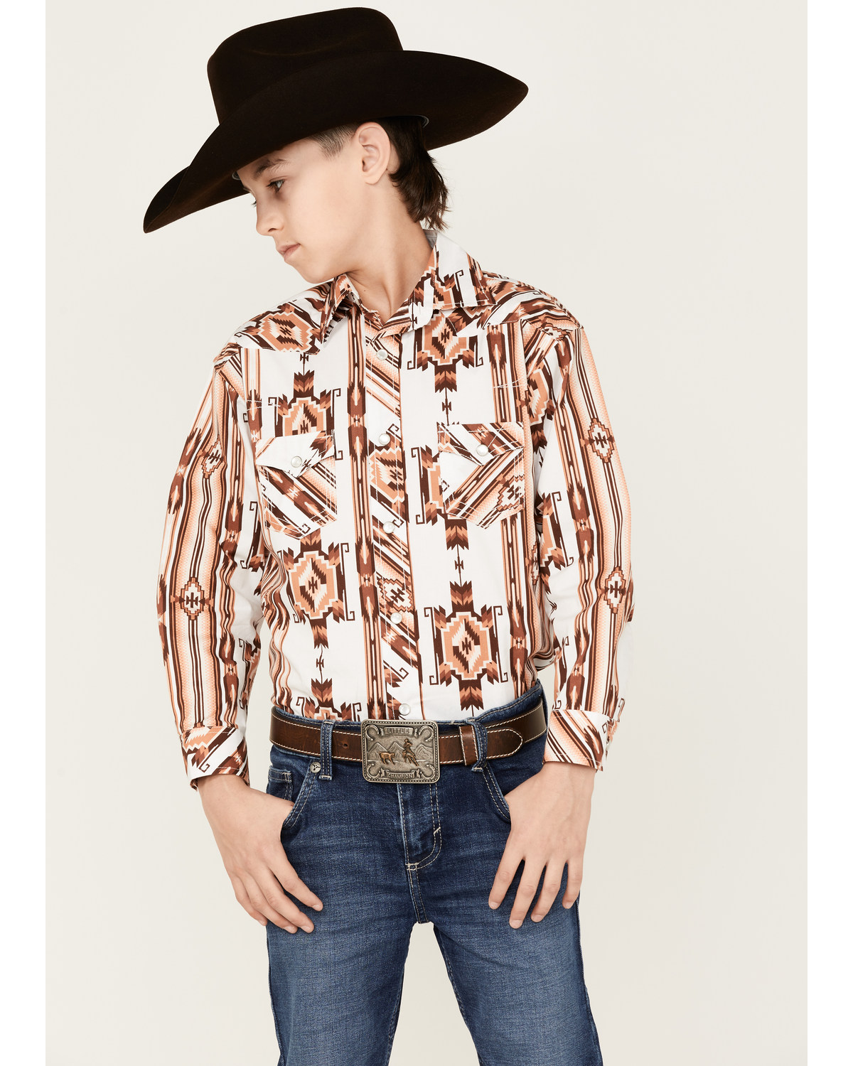 Rock & Roll Denim Boys' Southwestern Print Long Sleeve Pearl Snap Stretch Western Shirt