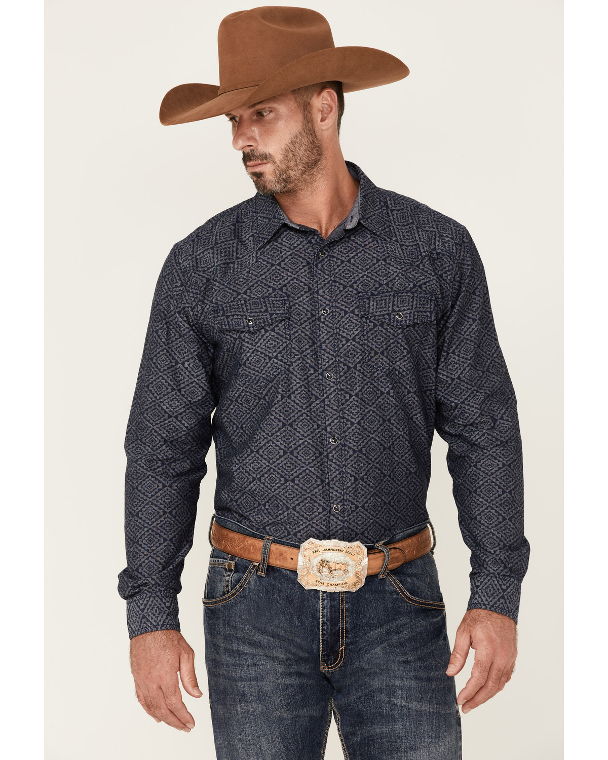 Cody James Men's Washed Out Chambray Southwestern Print Long Sleeve Snap Western Shirt