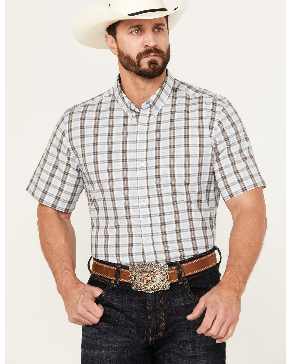 Cody James Men's Bryce Plaid Print Short Sleeve Button-Down Stretch Western Shirt - Tall