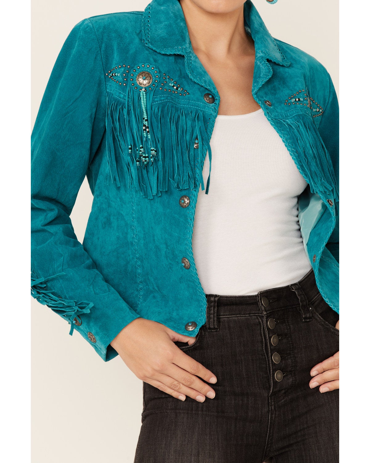 Scully Women's Fringe Beaded Boar Suede Leather Jacket - Turquoise Western Style Large