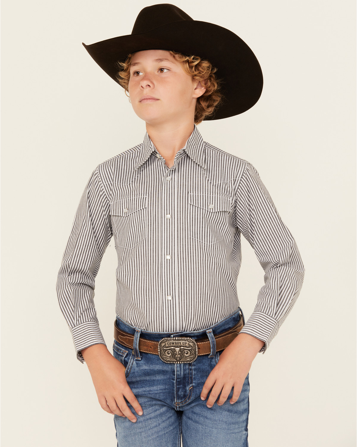 Wrangler Boys' Striped Print Long Sleeve Pearl Snap Western Shirt