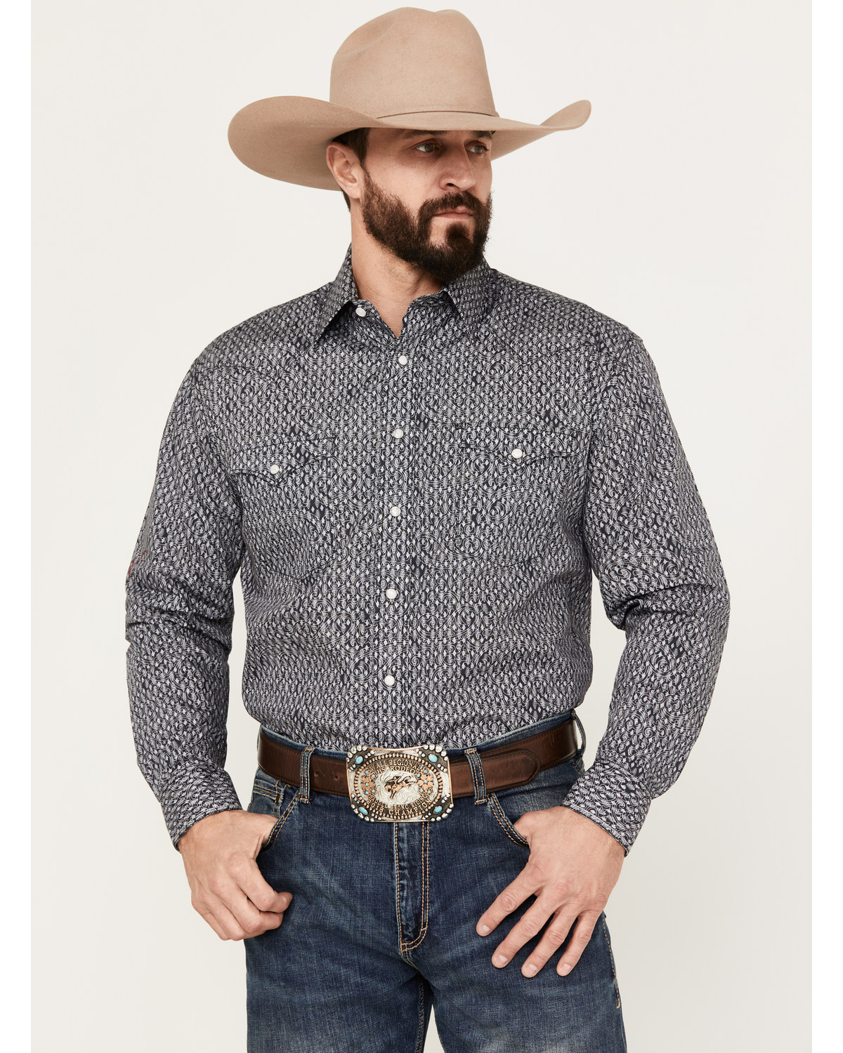 Rough Stock by Panhandle Men's Paisley Geo Print Long Sleeve Western Pearl Snap Shirt