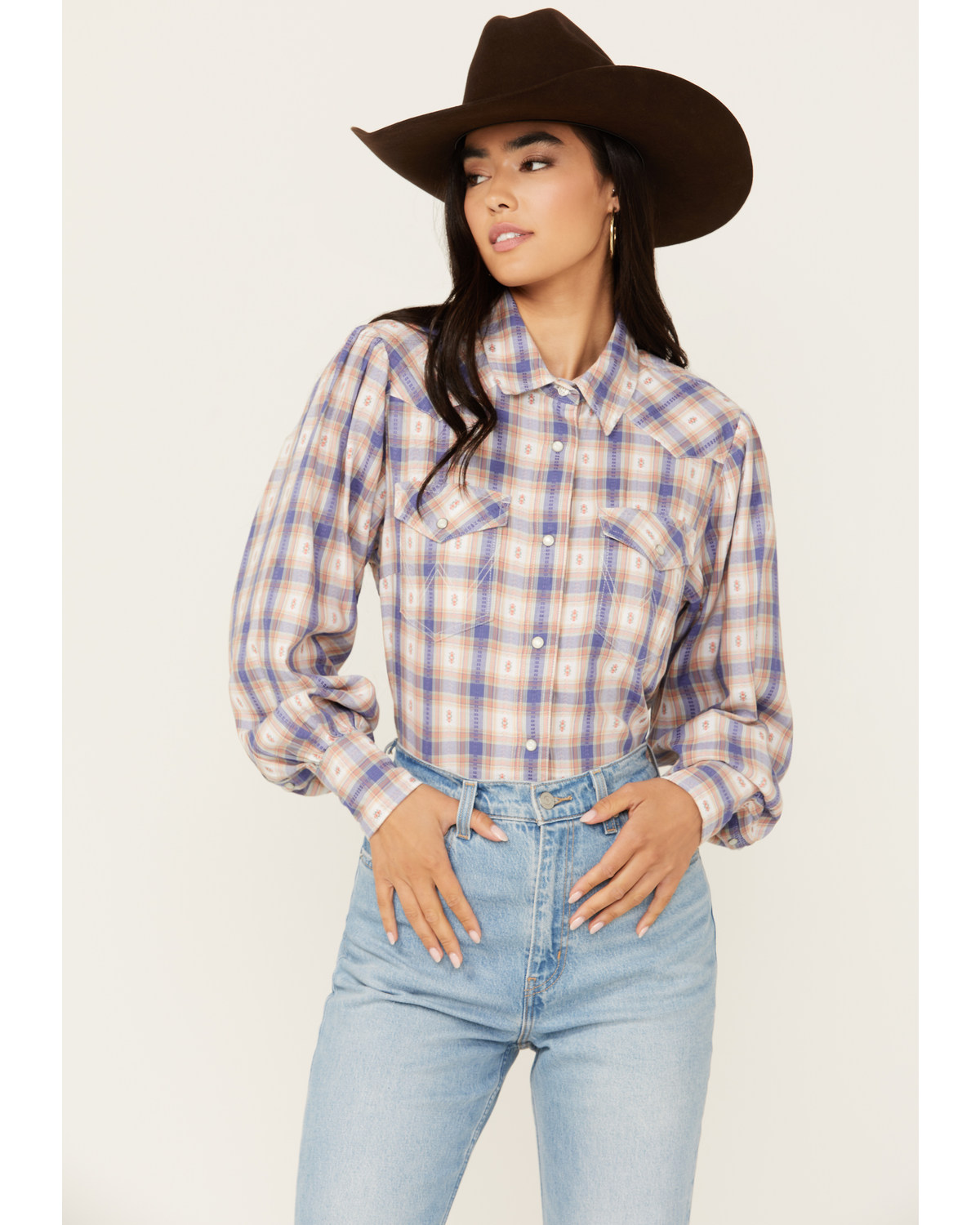 Wrangler Women's Balloon Sleeve Plaid Print Snap Western Shirt