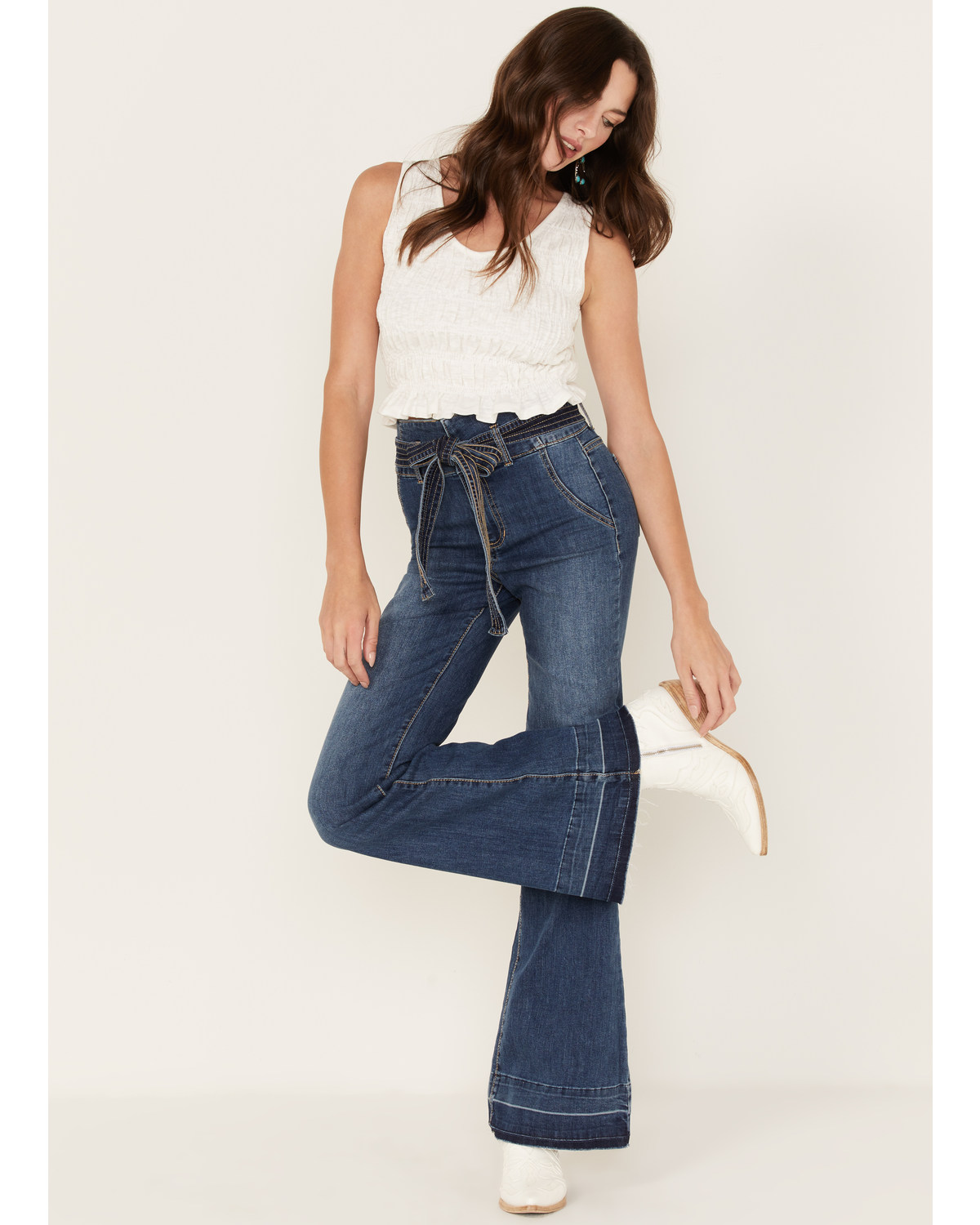 Sneak Peek Women's Medium Wash High Rise Pintuck Flare Jeans