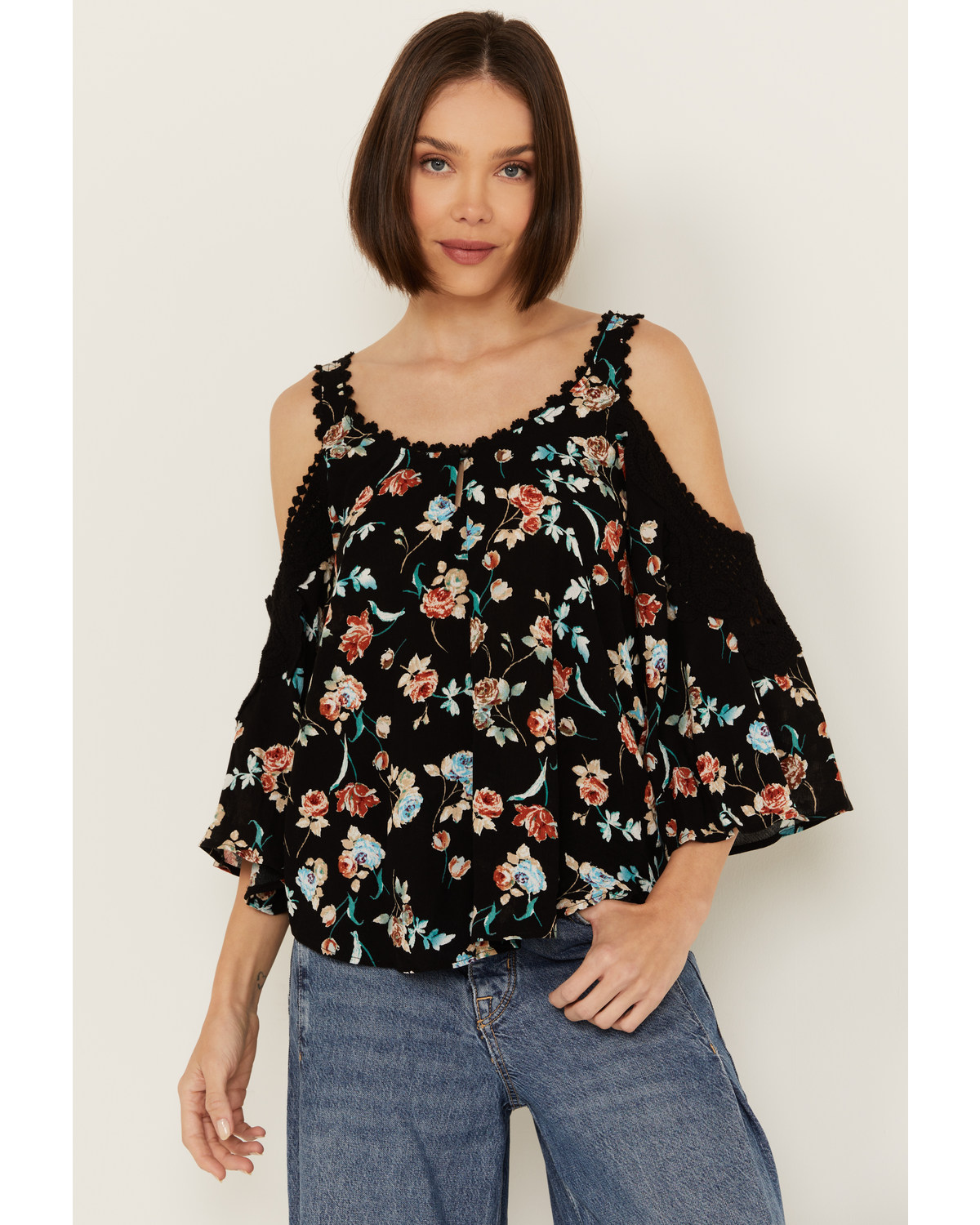 Wild Moss Women's Floral Print Crochet Cold Shoulder Top