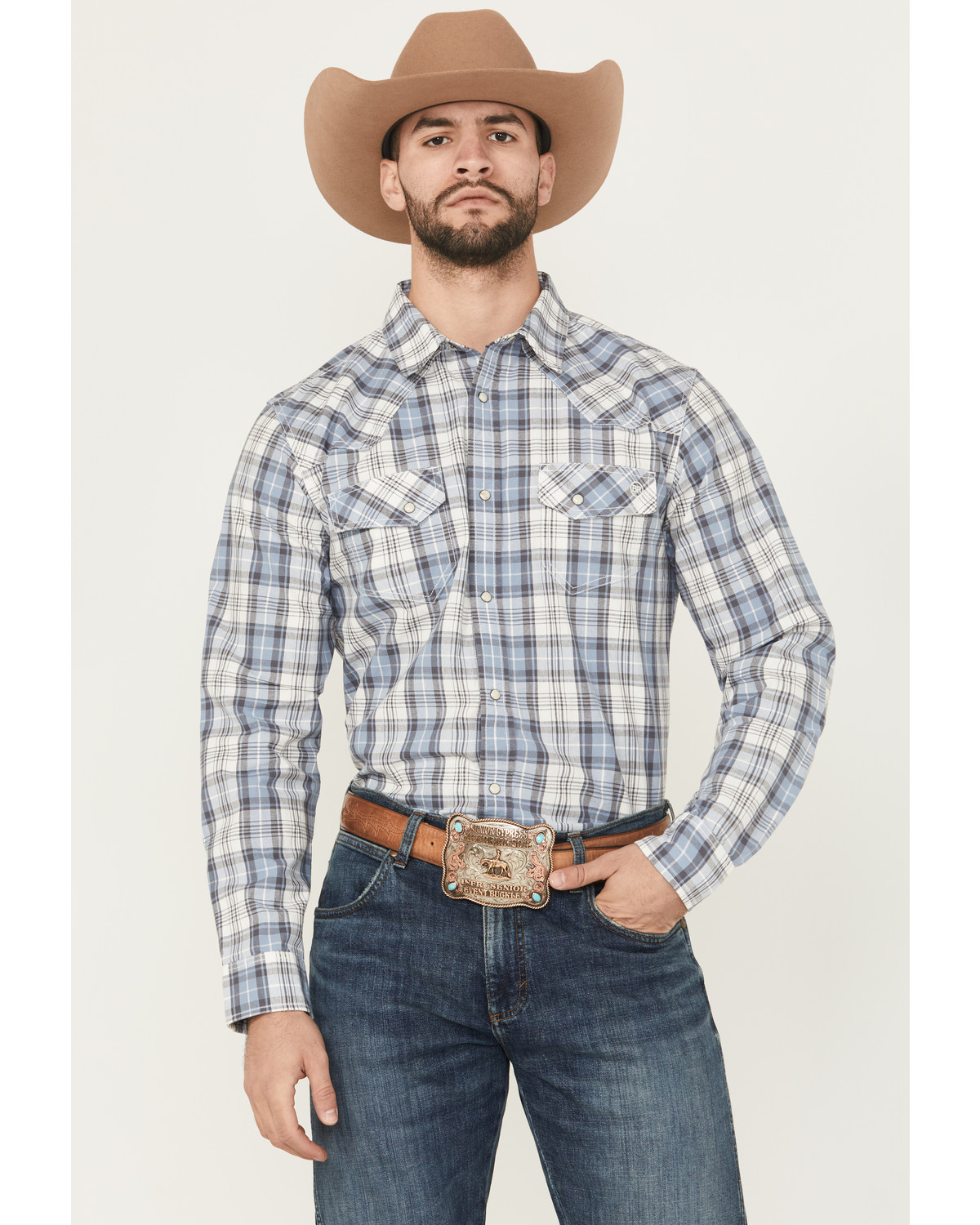 Blue Ranchwear Men's Meadow Plaid Print Long Sleeve Snap Western Shirt