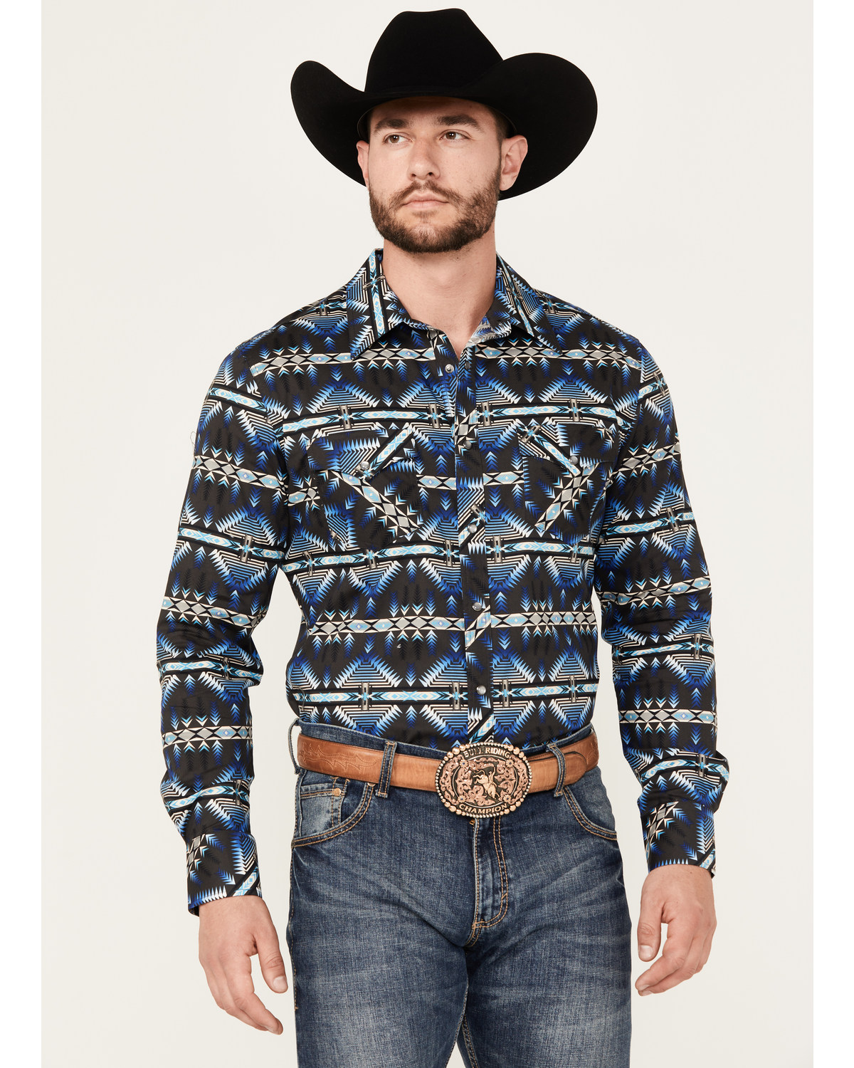 Rock & Roll Denim Men's Southwestern Print Stretch Long Sleeve Pearl Snap Western Shirt