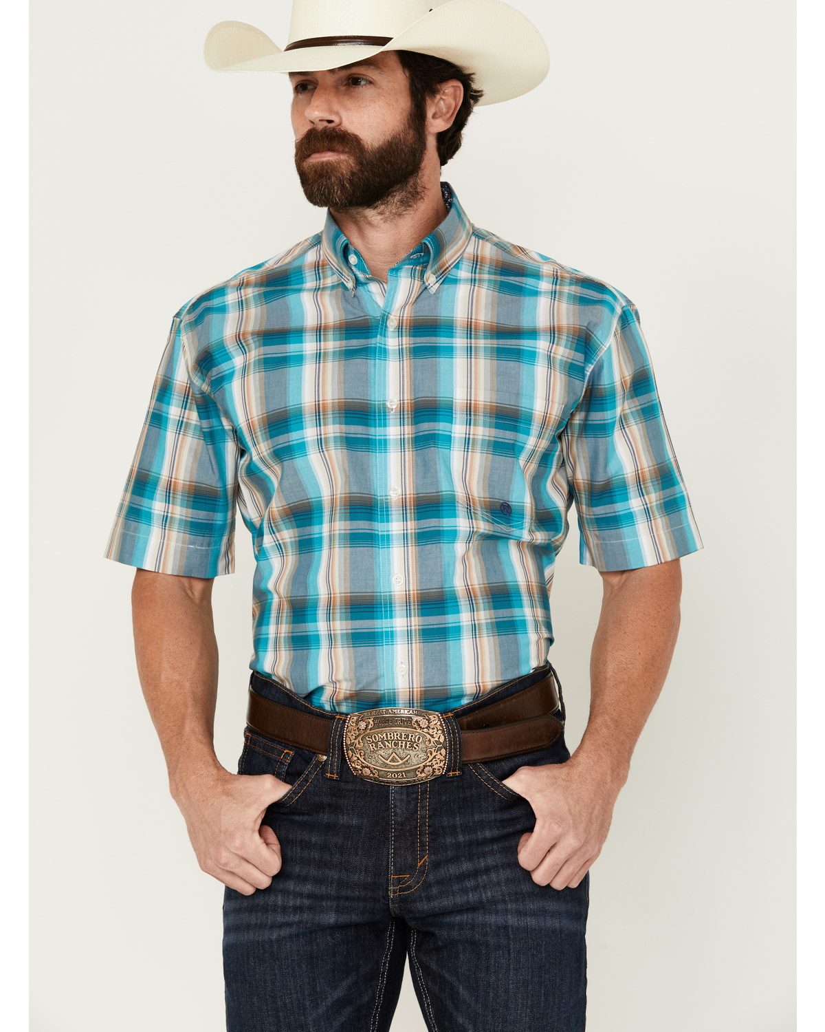 Roper Men's Amarillo Large Plaid Print Short Sleeve Button-Down Western Shirt