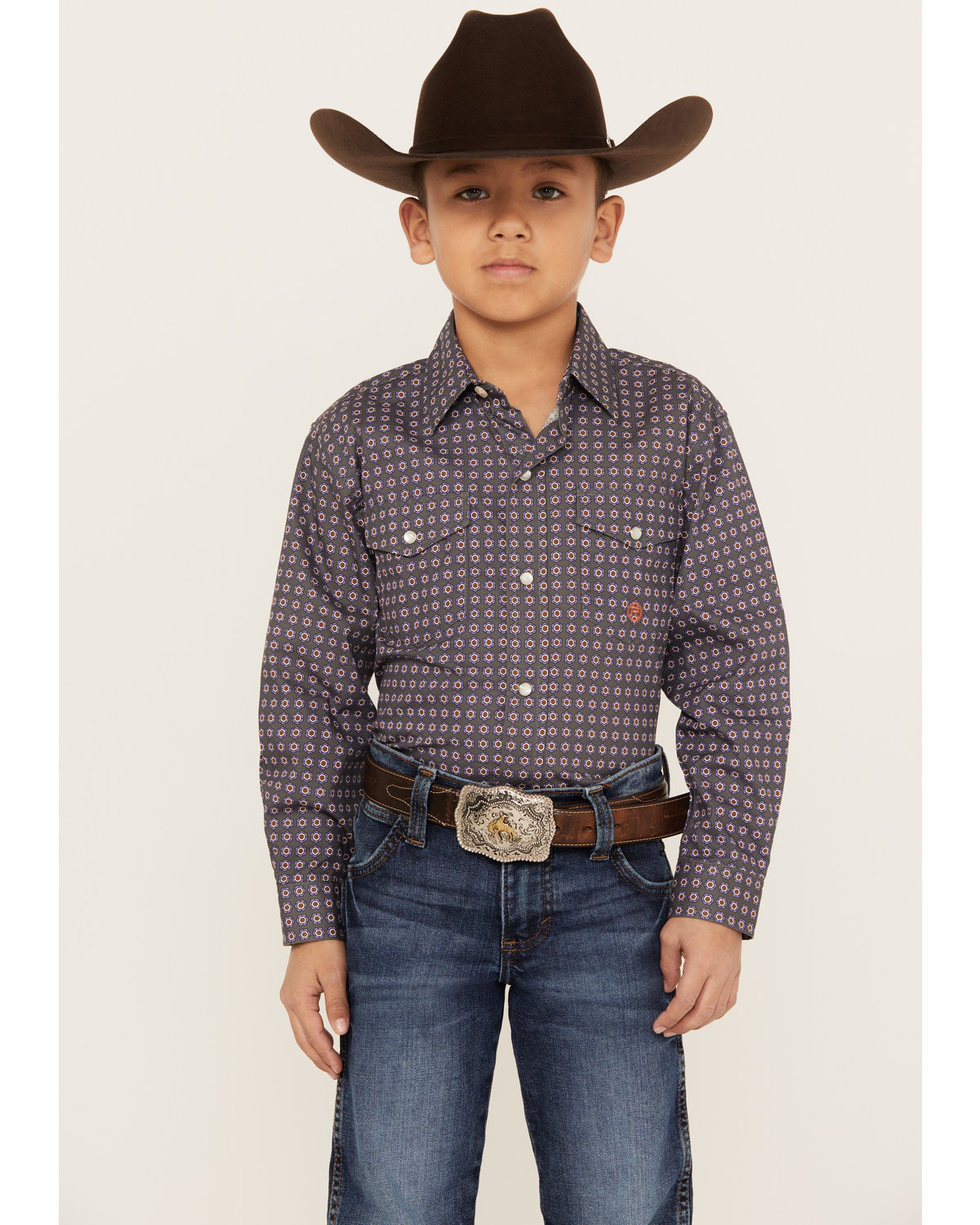 Roper Boys' Amarillo Geo Print Long Sleeve Western Pearl Snap Shirt