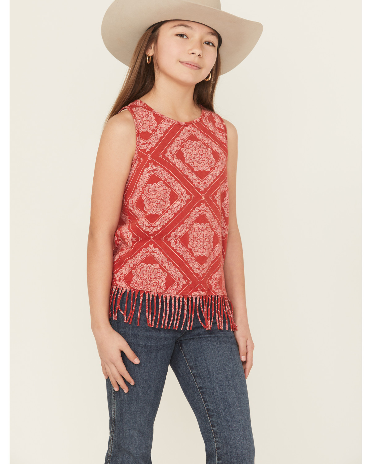 Rock & Roll Denim Girls' Bandana Print Fringe Tank Top