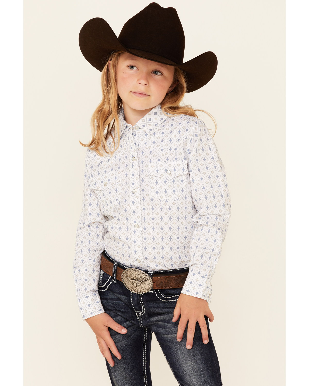 Ely Walker Girls' Southwestern Geo Print Long Sleeve Pearl Snap Western Shirt