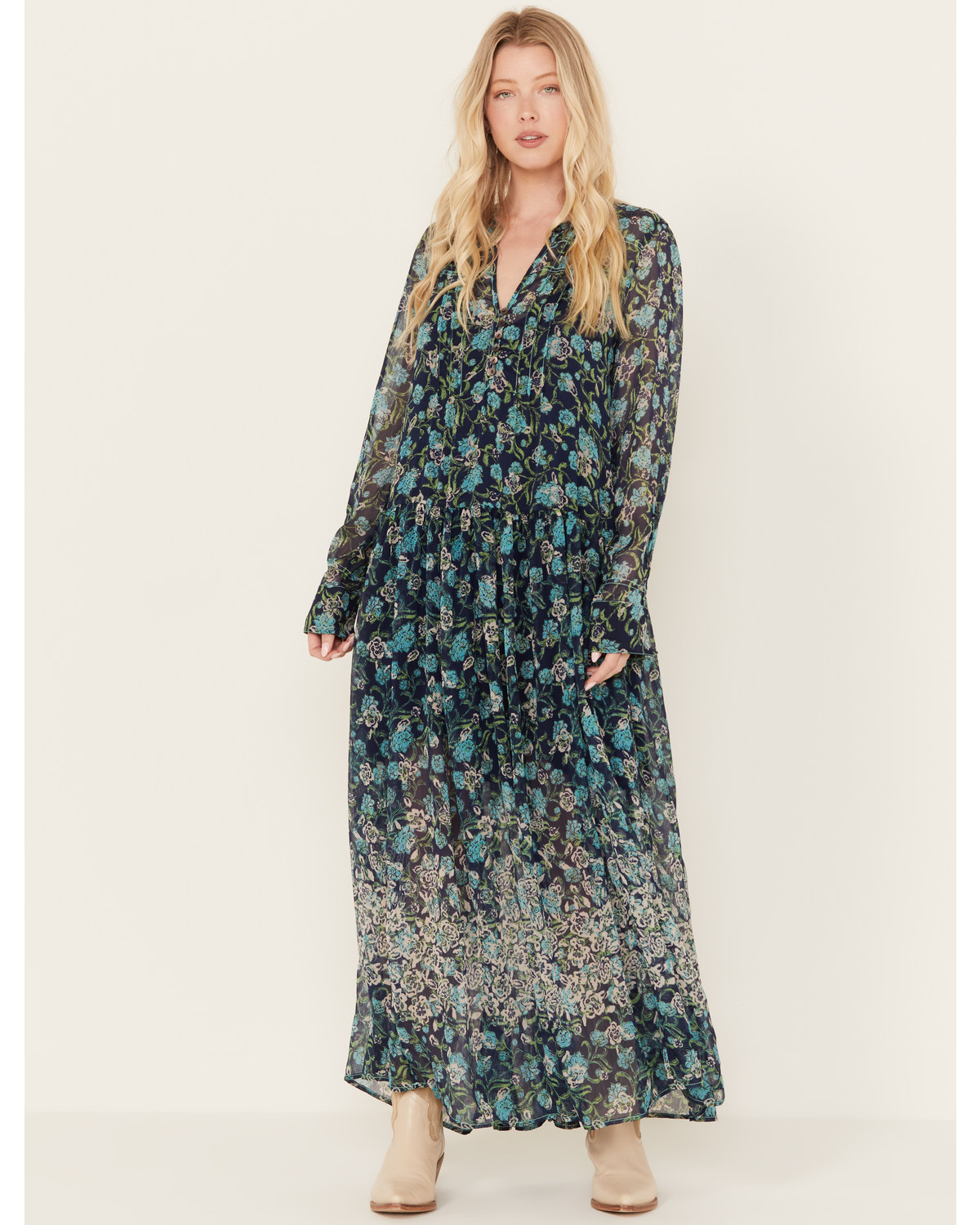 Free People Women's See It Through Floral Long Sleeve Maxi Dress