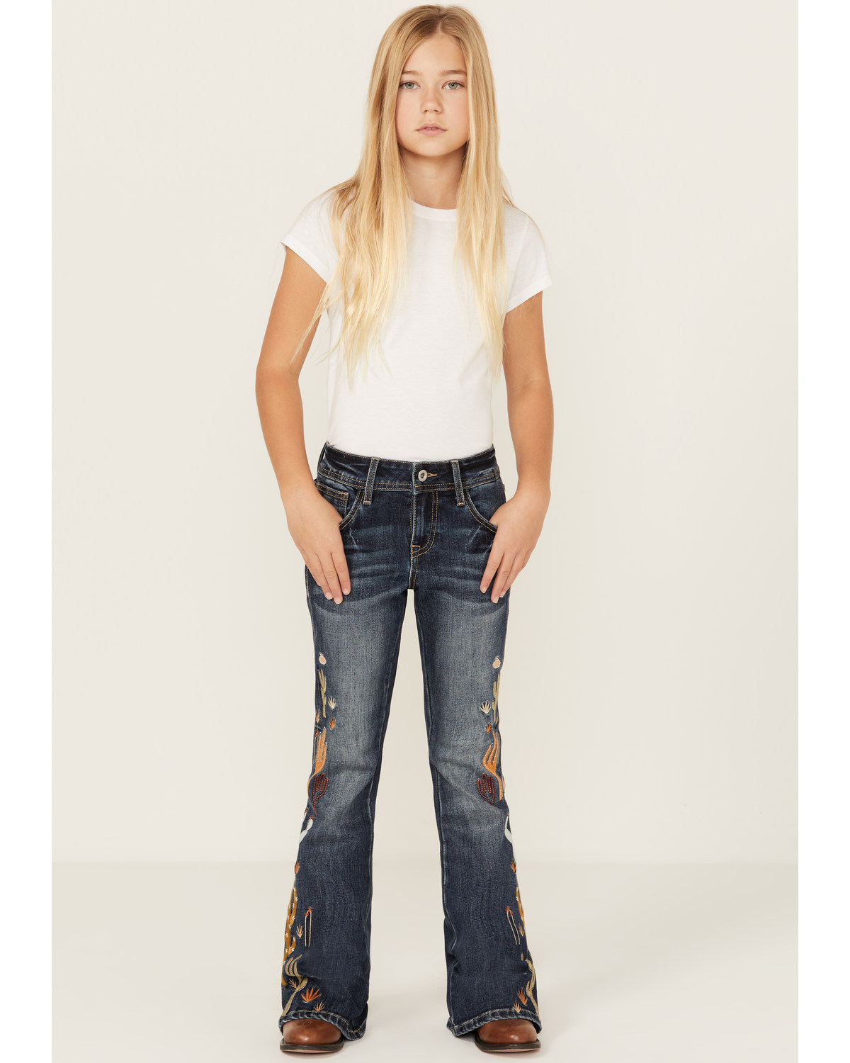 Grace LA Girls' Medium Wash Cactus Embroidered Stretch Flare Jeans