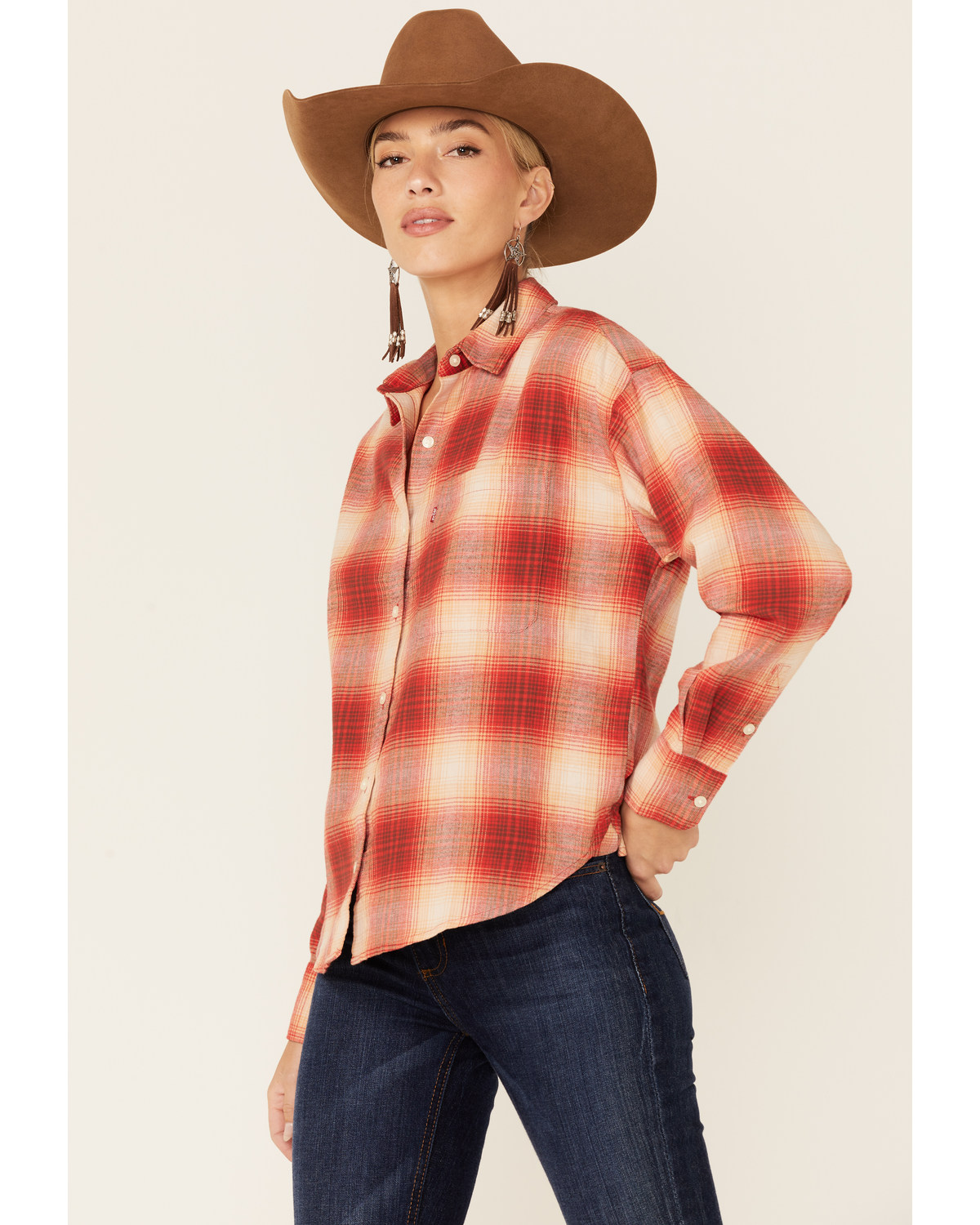 Levi's Women's Scarlet Flame Plaid Print Long Sleeve Button Down Western Flannel Shirt