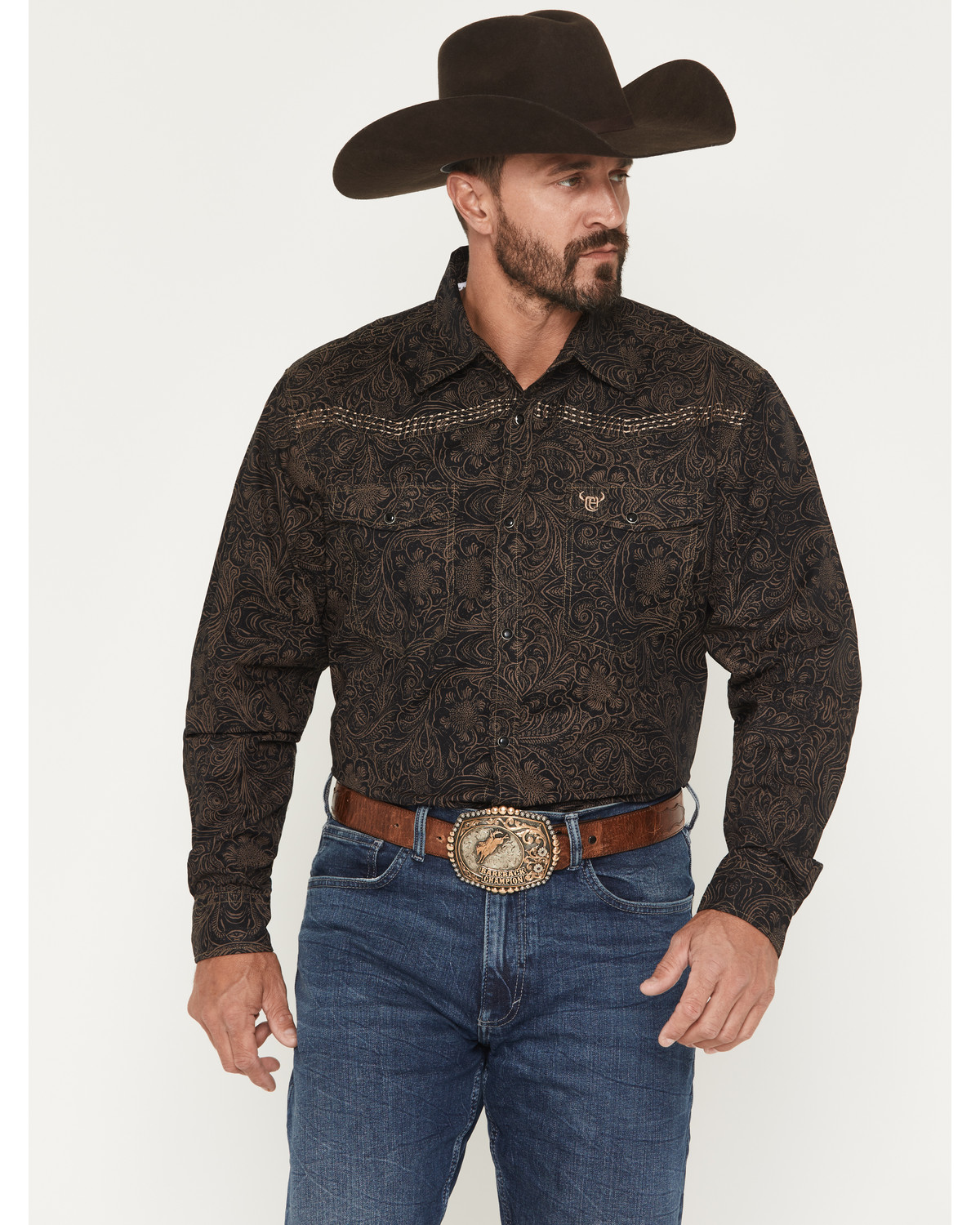 Cowboy Hardware Men's Tooled Floral Print Long Sleeve Snap Stretch Western Shirt