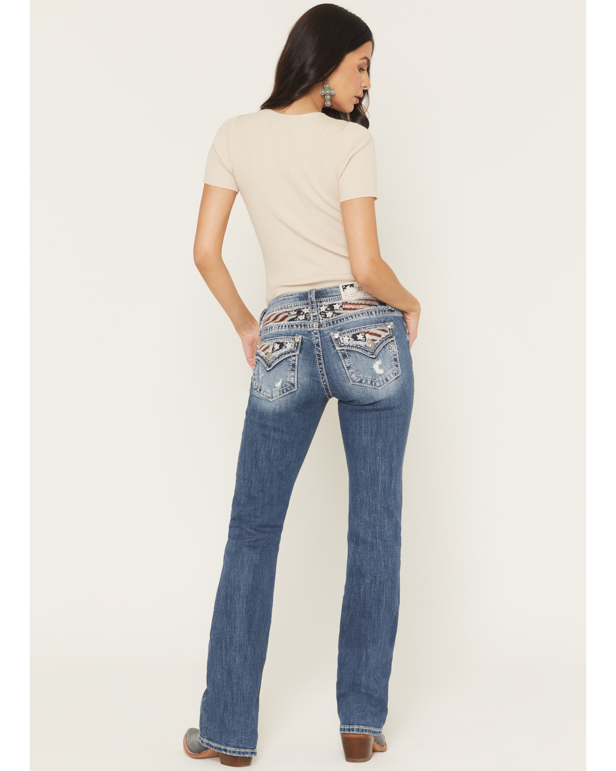 Miss Me Women's Medium Wash Mid Rise Americana Blowout 32" Bootcut Stretch Denim Jeans