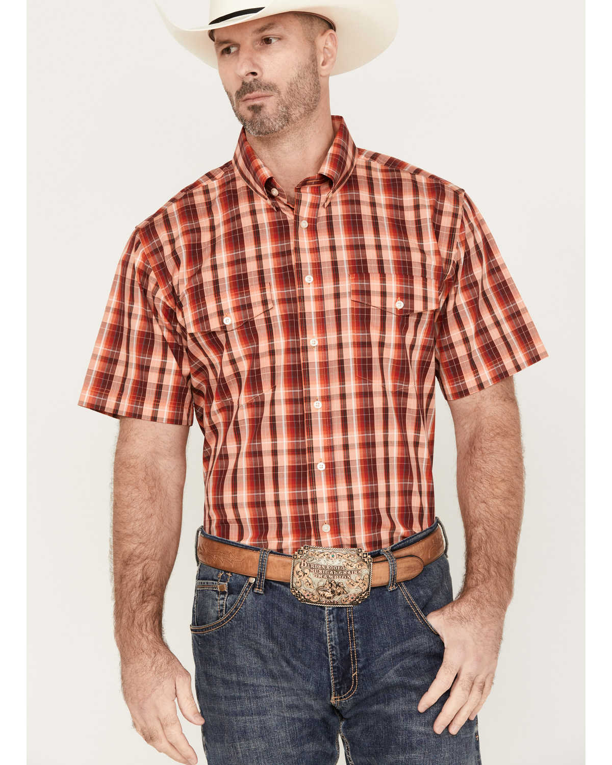 Panhandle Select Men's Plaid Print Short Sleeve Button-Down Western Shirt