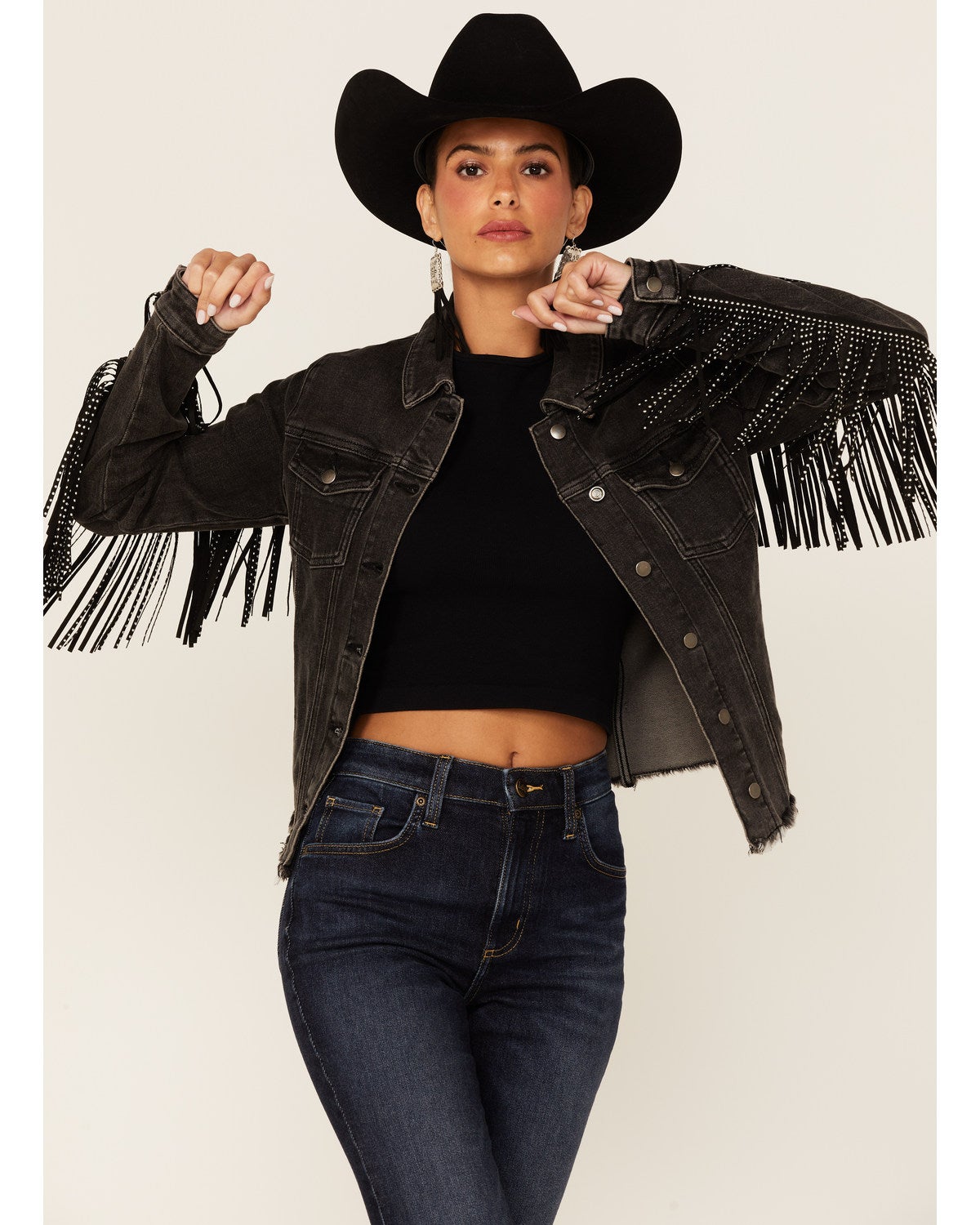 black denim fringe jacket