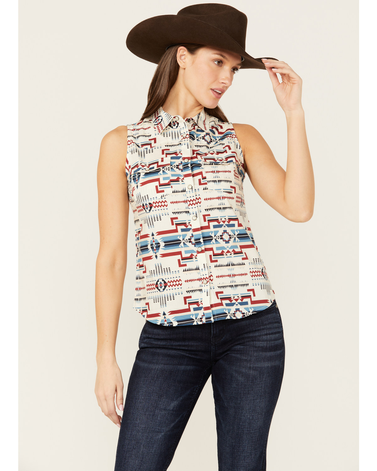 Shyanne Women's Gillette Southwestern Print Sleeveless Snap Stretch Riding Shirt