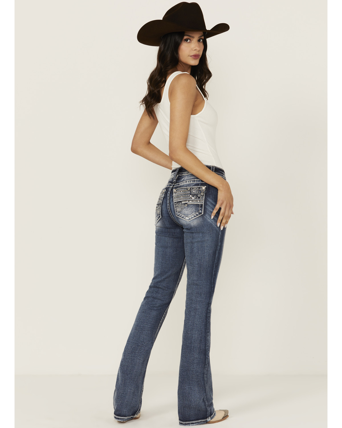 Miss Me Women's Dark Wash Mid Rise Flag Pocket 34" Bootcut Stretch Denim Jeans