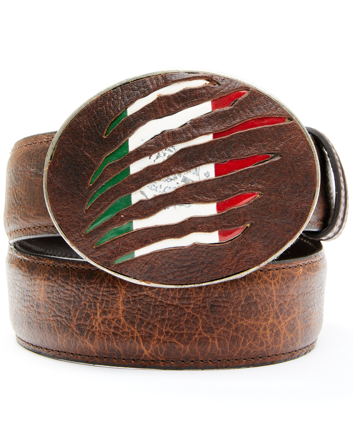 Cody James Men's Mexican Flag Slash Brown Leather Belt