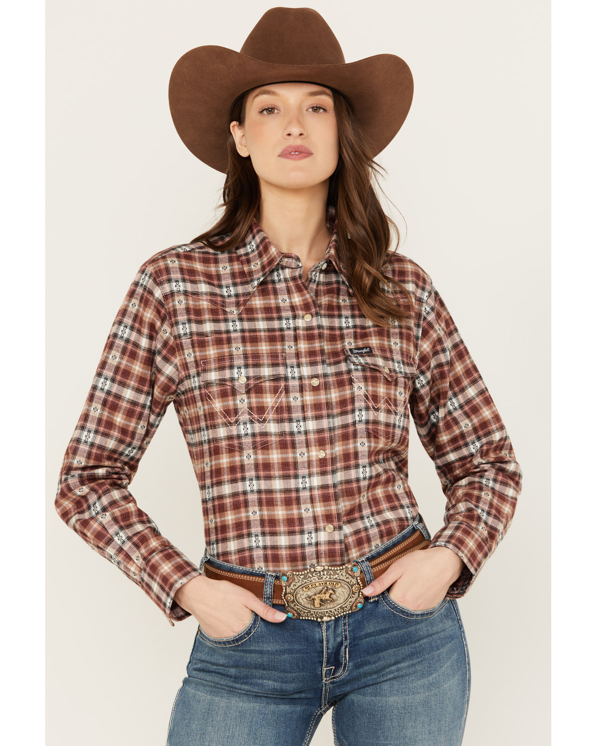 Wrangler Women's Plaid Print Flannel Boyfriend Long Sleeve Snap Western Shirt
