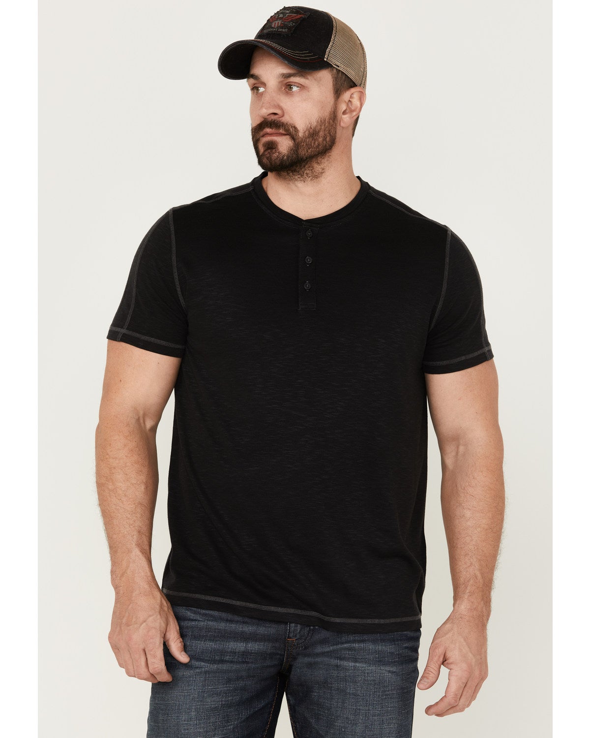 Black Slub Henley Short Sleeve 
