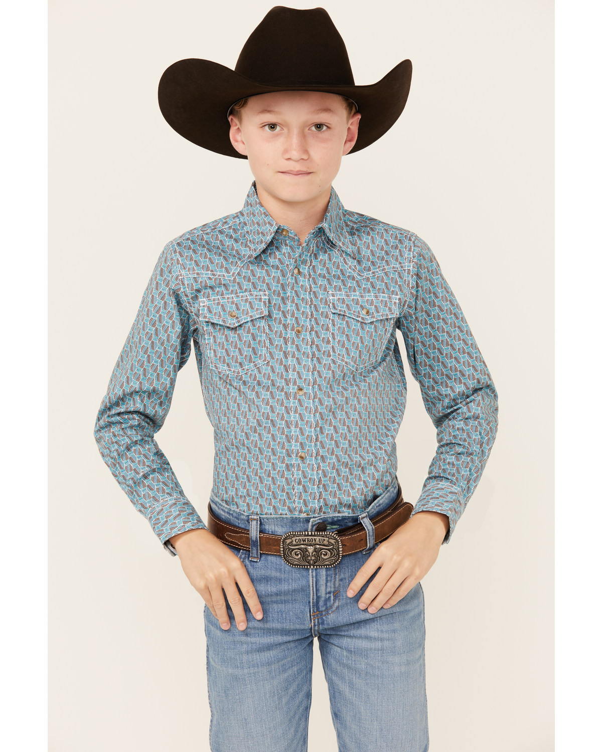 Wrangler Boys' Geo Print Long Sleeve Snap Comfort Western Shirt