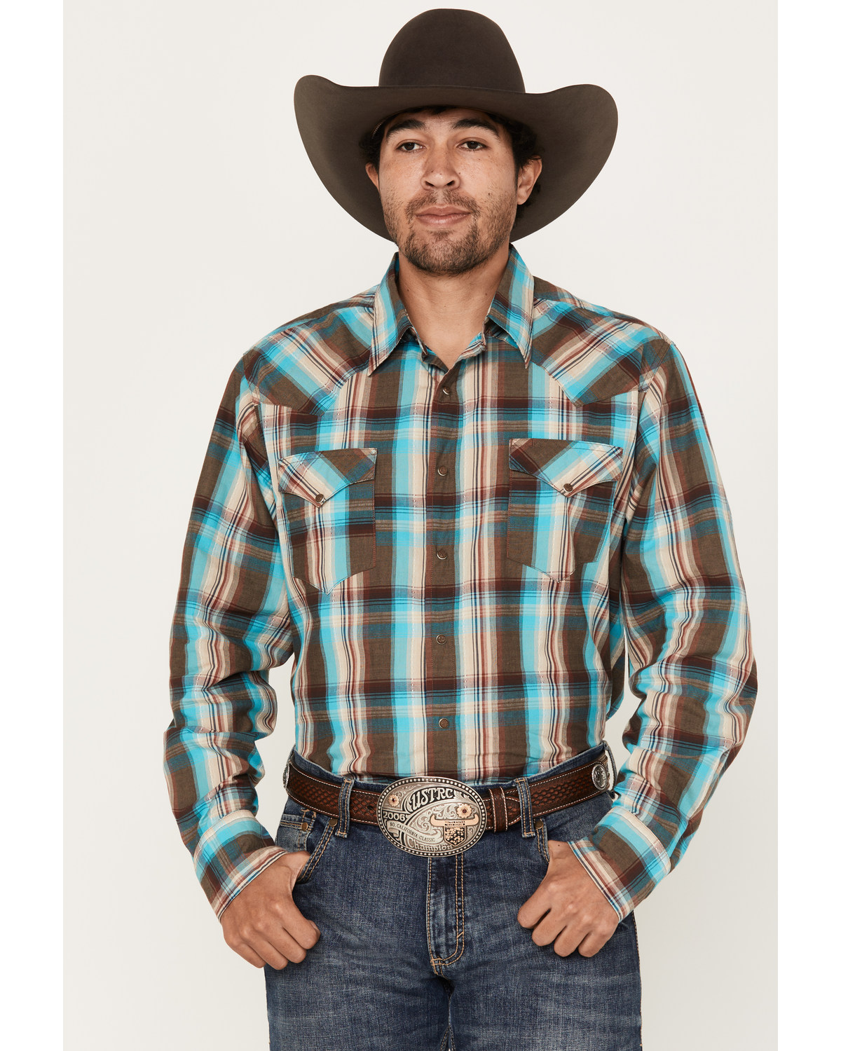 Roper Men's West Made Plaid Print Long Sleeve Western Snap Shirt