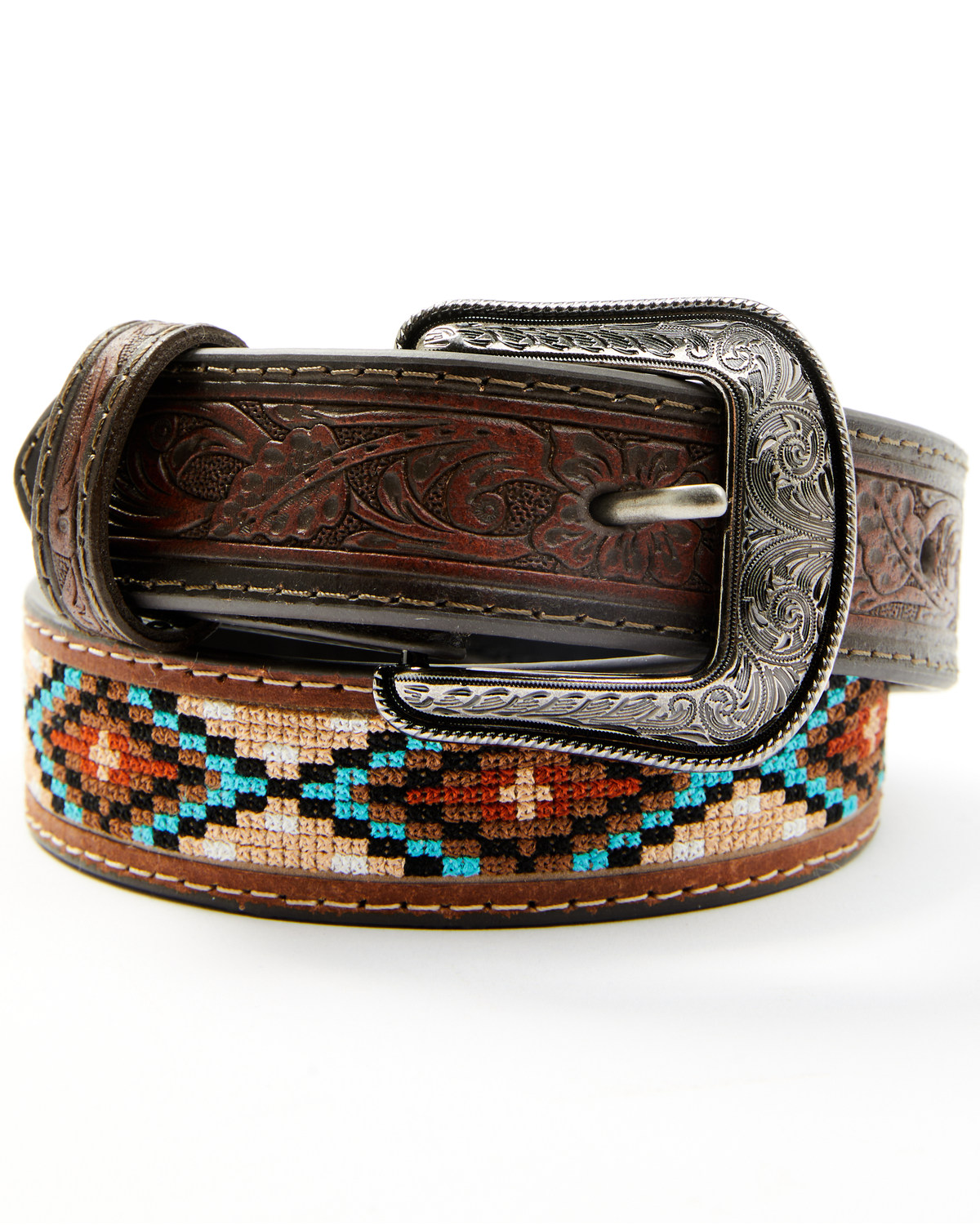 Roper Boys' Tonal Stitched Leather Trim Southwestern Print Belt