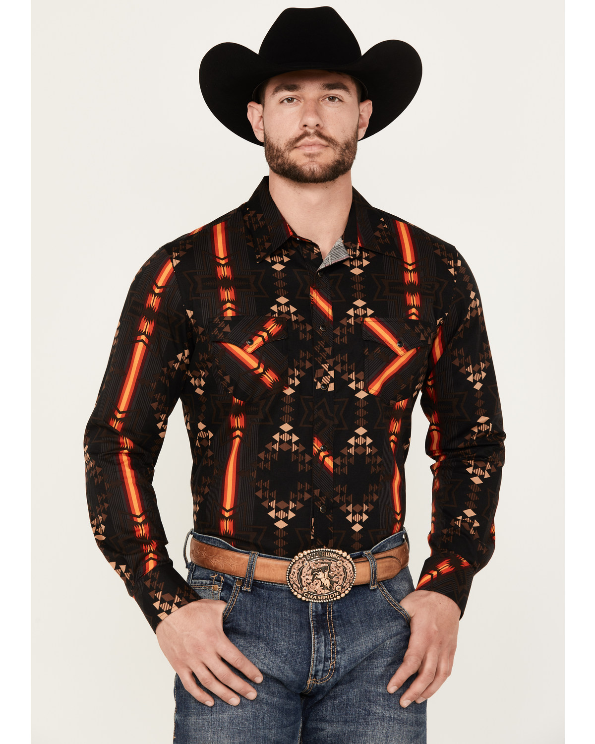 Rock & Roll Denim Men's Southwestern Print Long Sleeve Stretch Western Snap Shirt