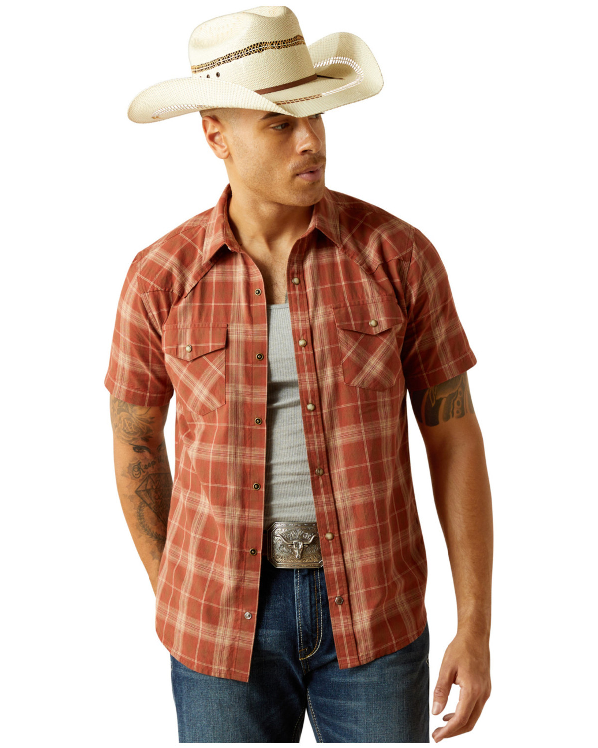 Ariat Men's Hector Retro Fit Plaid Print Short Sleeve Snap Western Shirt - Big