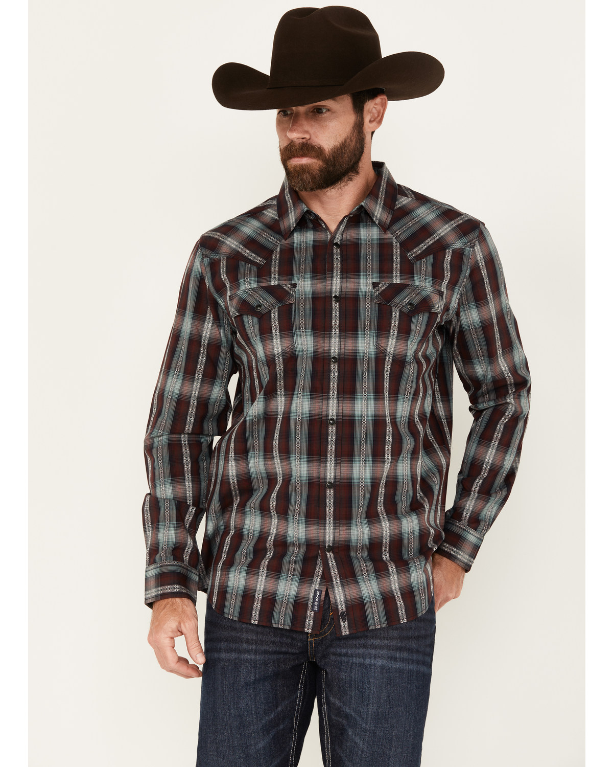 Moonshine Spirit Men's Lone Horn Plaid Print Long Sleeve Snap Western Shirt